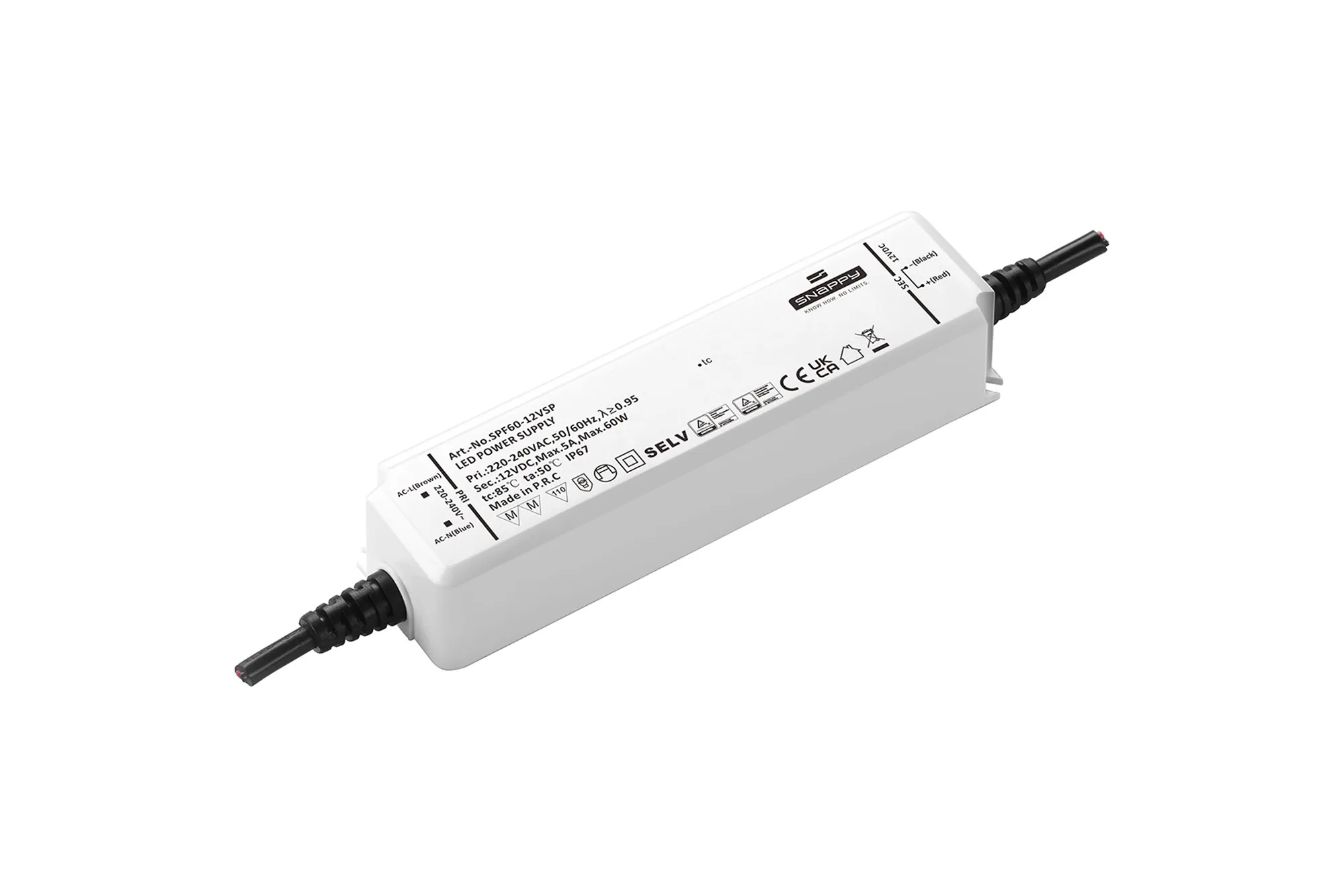 SPF60-12VSP  60W, Constant Voltage Non Dimmable LED Driver, 12VDC, 5A, Input 200-240VAC 50/60Hz, IP67.